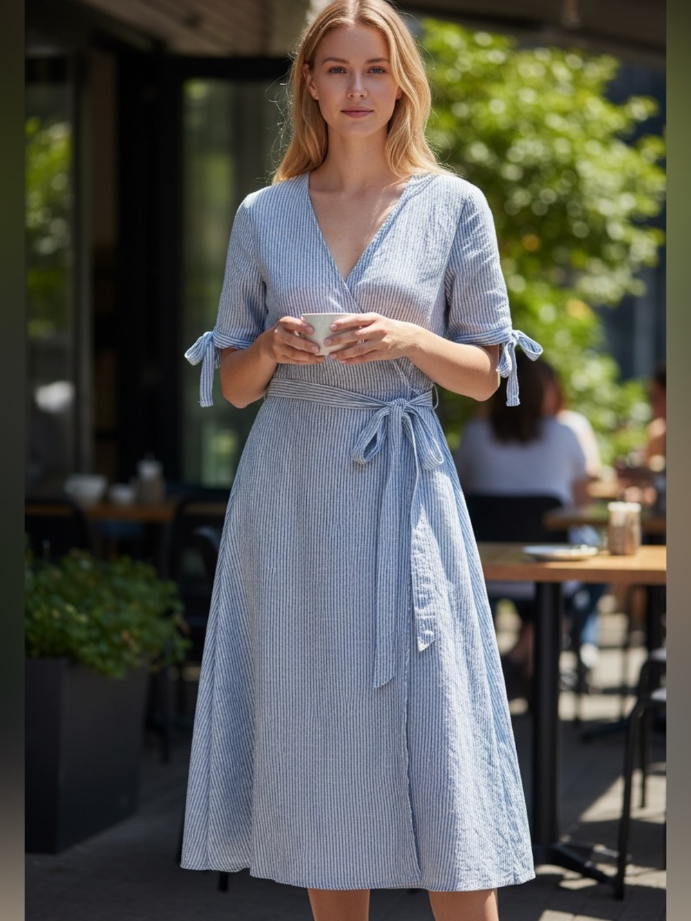 Rue Stiic Striped Light Blue Wrap Dress with Tie Sleeves Midi